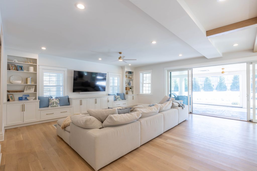 Family room with sliding doors to the covered porch