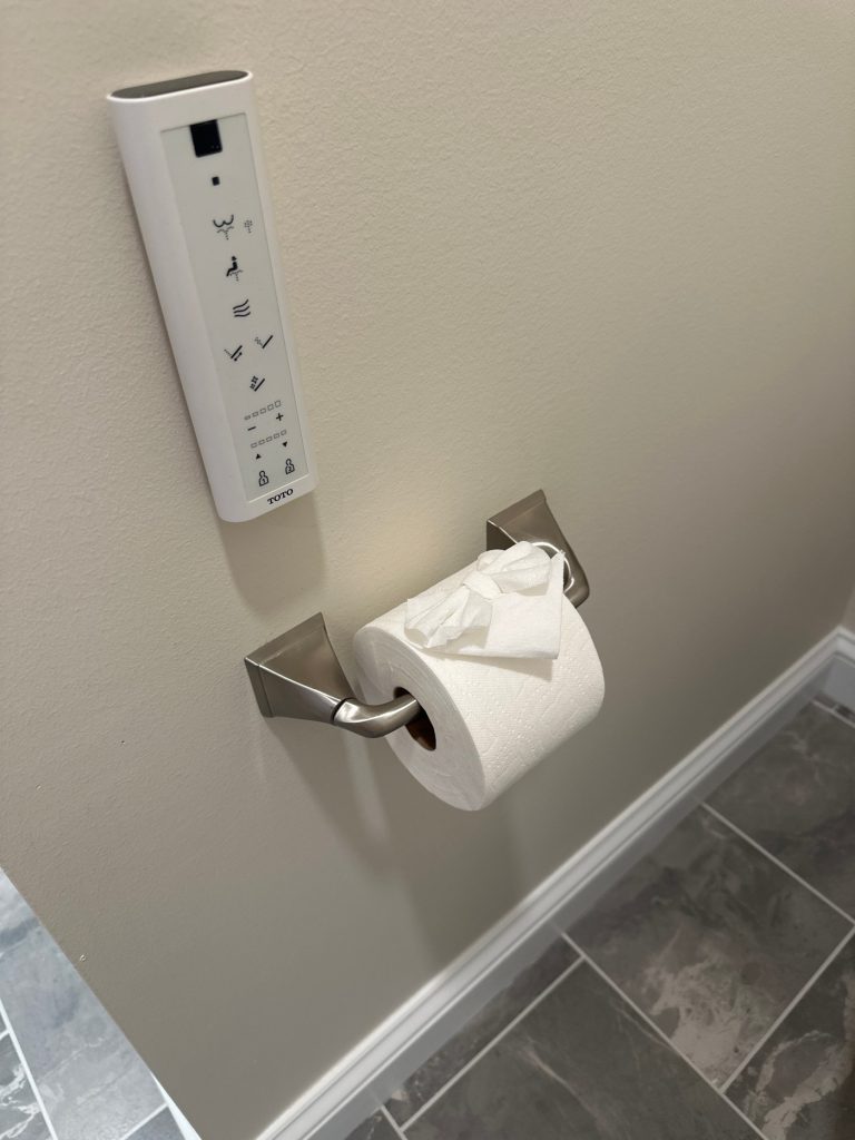 Wall-mounted bidet control and towel holder