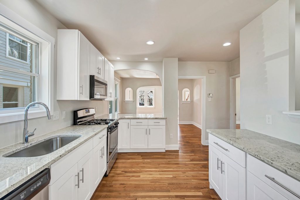 Kitchen counters looking through to the hallway