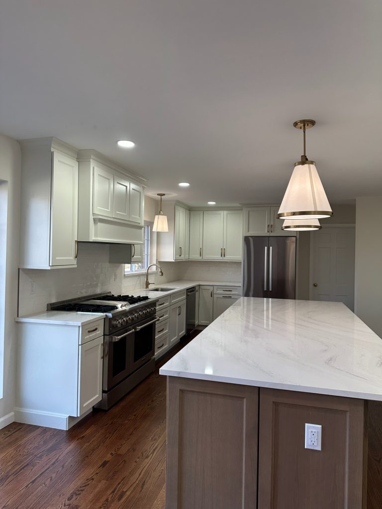 Kitchen with pro gas range and stainless refrigerator