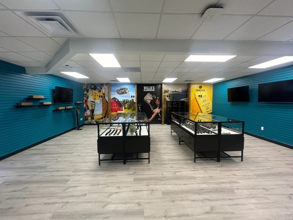 Retail floor with teal slatwall and display islands