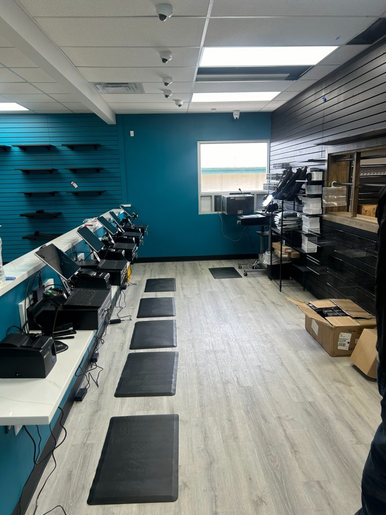 Point of sale counter with terminals and anti-fatigue mats