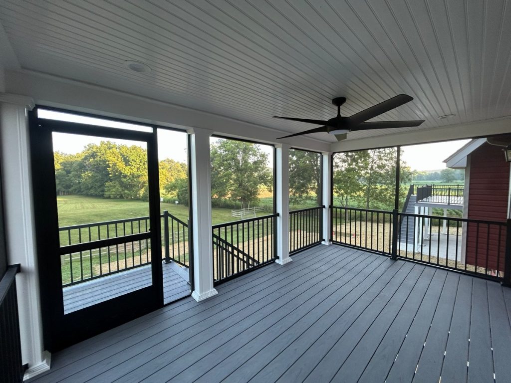Screened porch overlooking the lawn and tree line