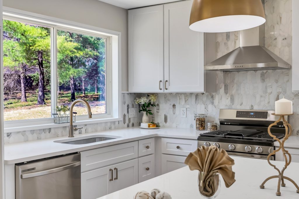 Kitchen countertop with window above the sink