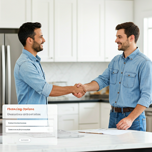 Two people shaking hands over a kitchen renovation plan