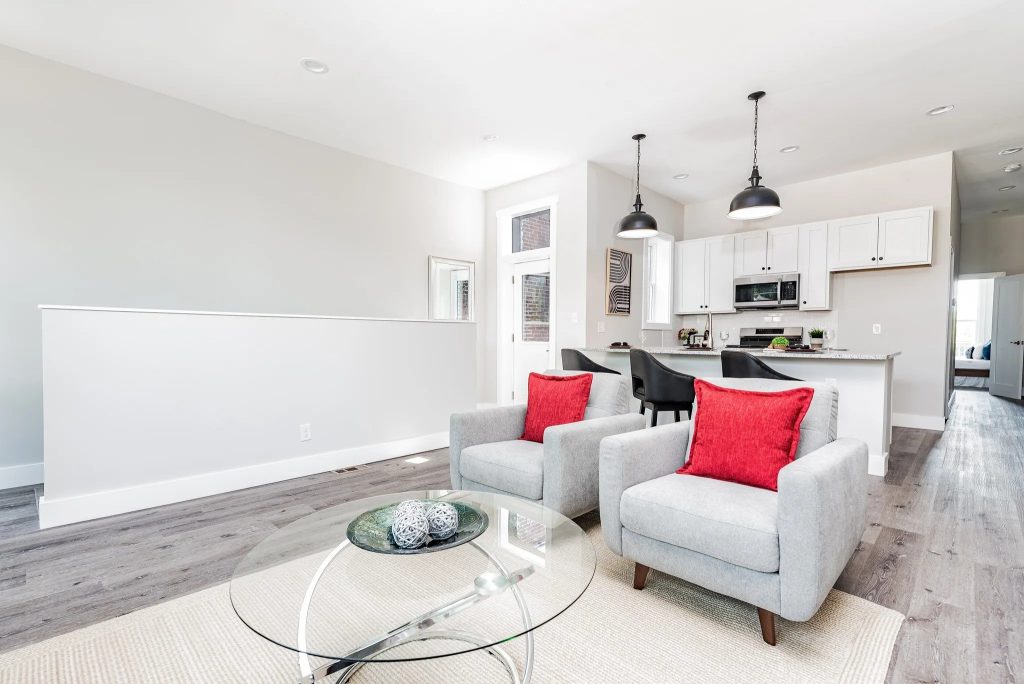 Living room open to the kitchen with breakfast bar
