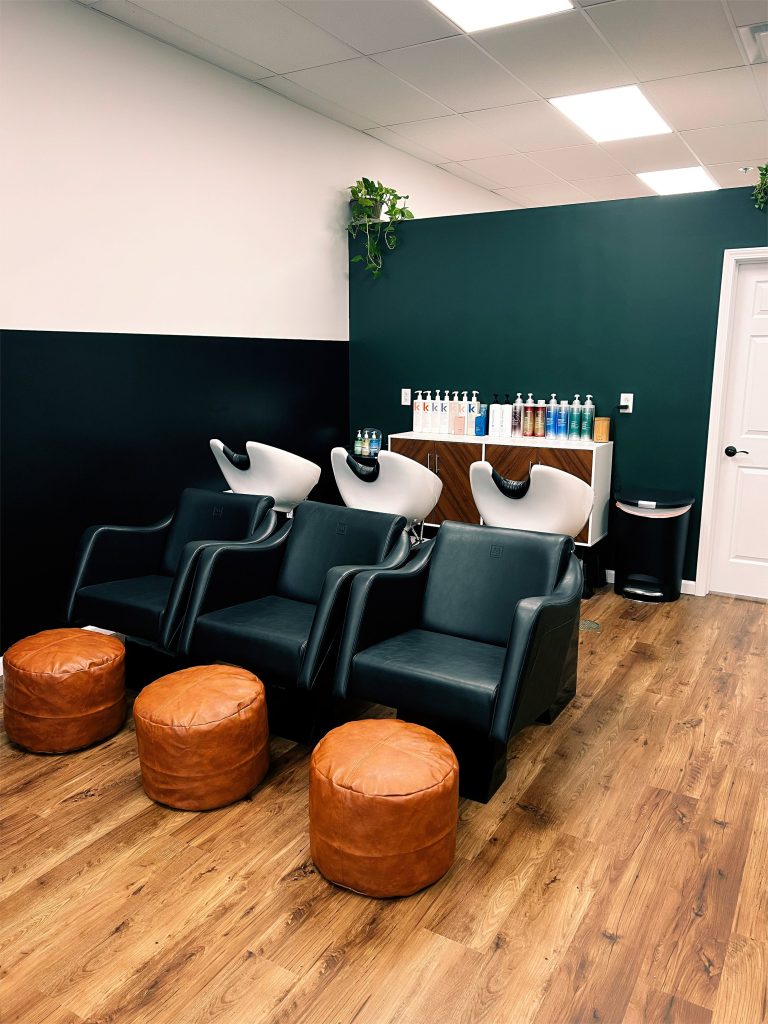 Salon shampoo stations with leather stools