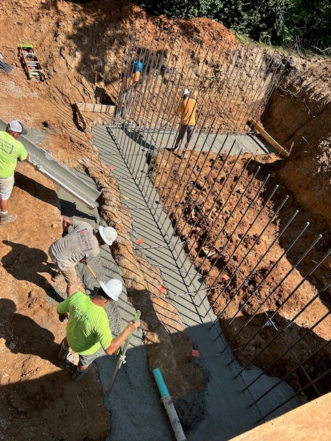 Rebar cage set in the foundation trench