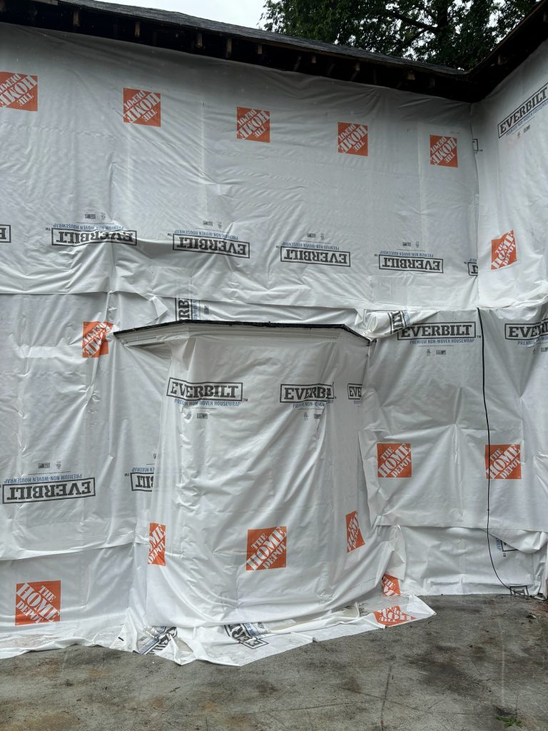 Completed housewrap on the side wall