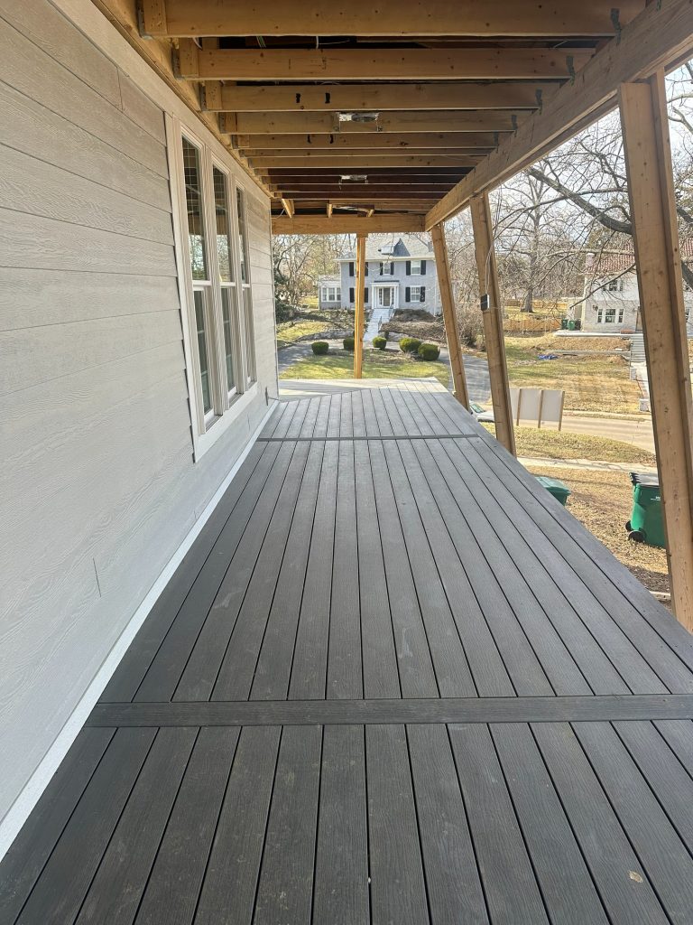 New composite decking laid on the rebuilt porch