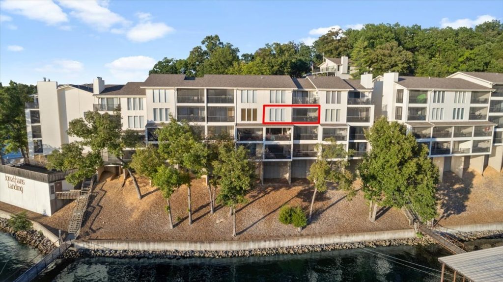 Aerial view of the lakeside condominium building