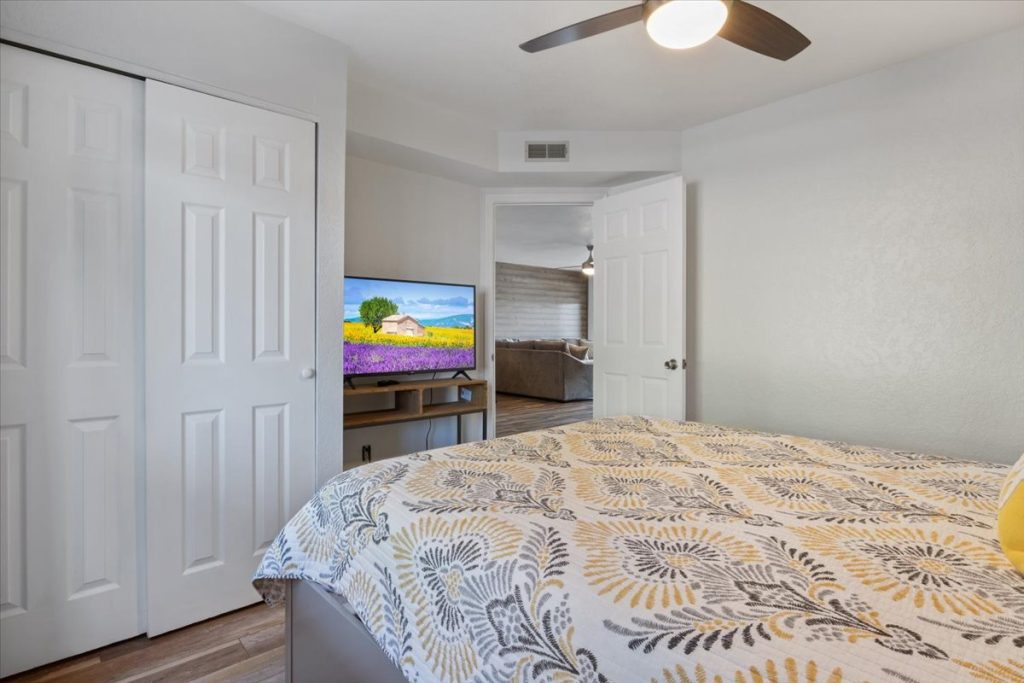 Bedroom with television and closet doors