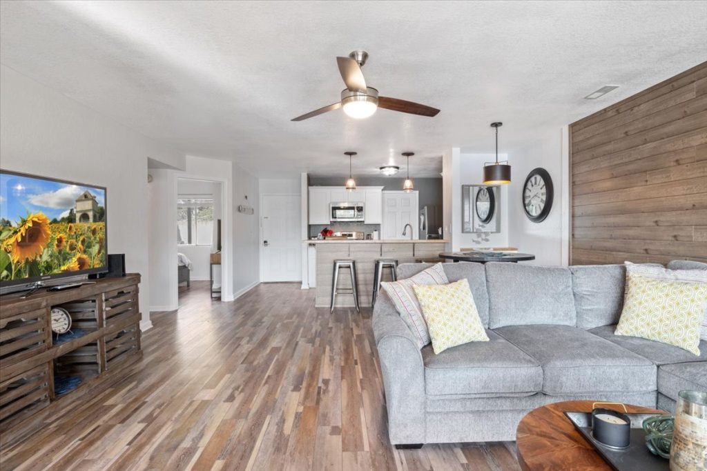 Living room with gray sofa and television