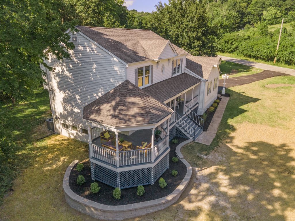 Aerial view of the house, gazebo and driveway