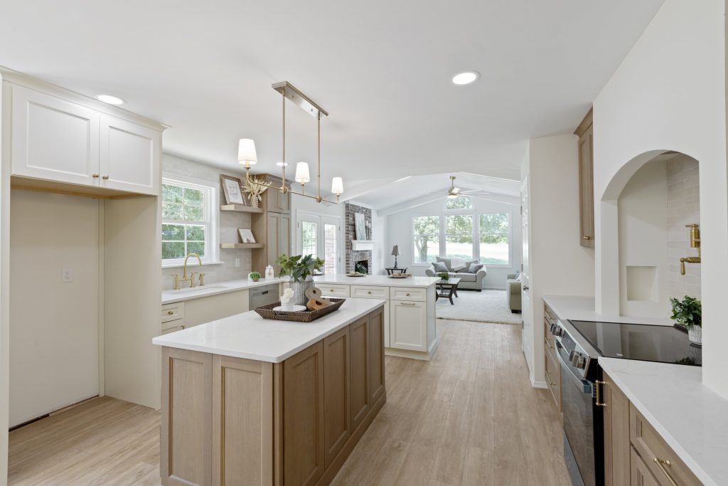 Kitchen with wood island and quartz countertops