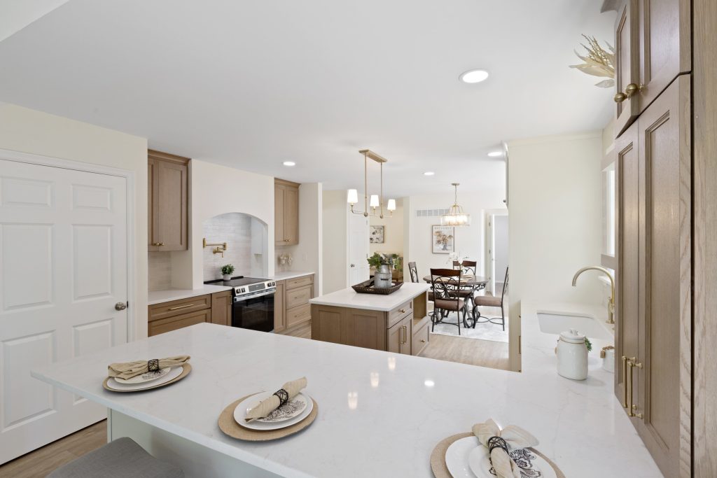 Kitchen countertop with dining area beyond