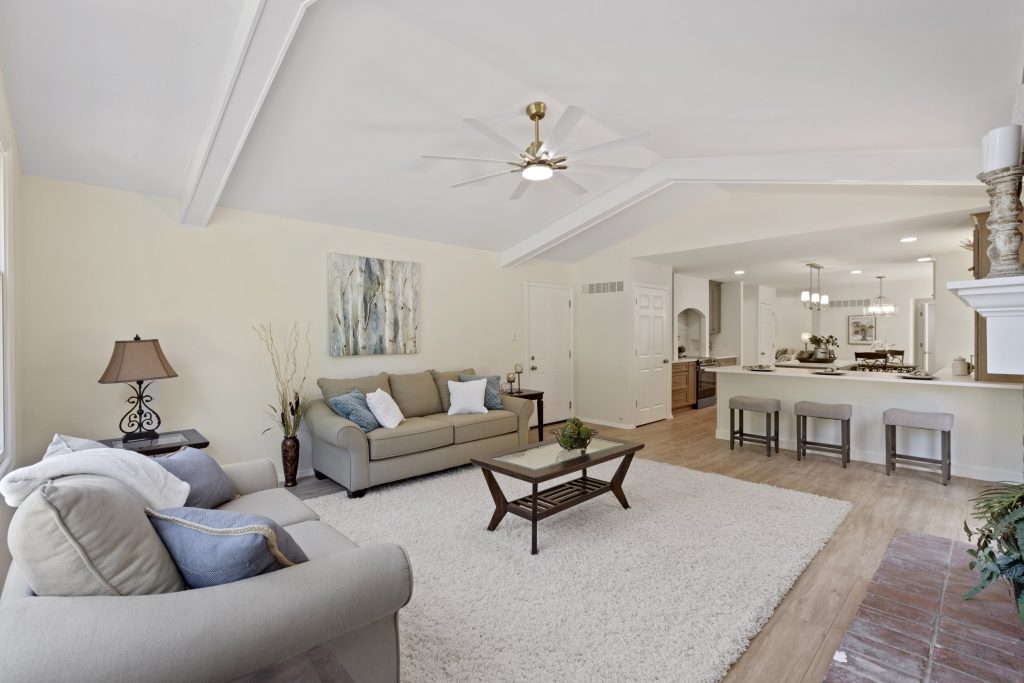 Family room with sofas and kitchen beyond