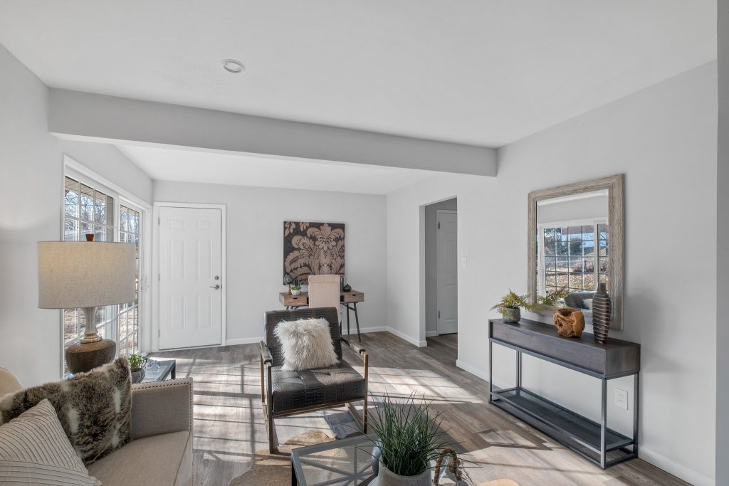 Living room with front door and console table