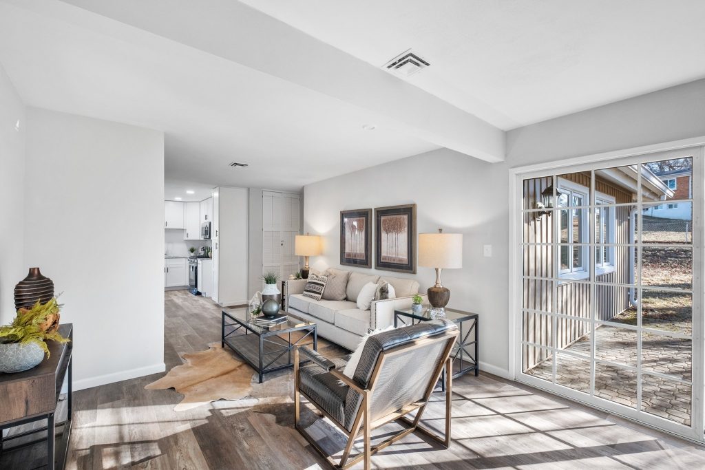Living room with sliding patio doors